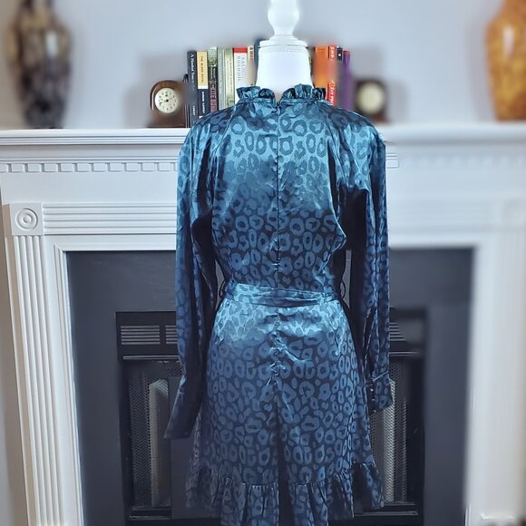 NWT She + Sky Emerald Green Leopard Print Long Sleeve Mini Dress | Sz Medium - Picture 3 of 5